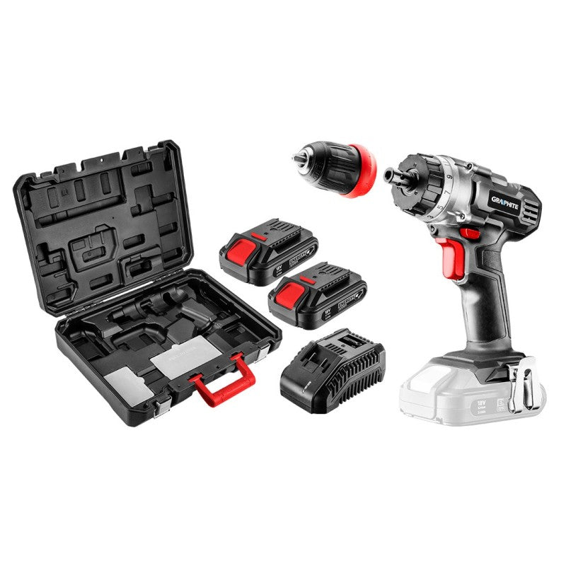 GRAPHITE Cordless drill, Energy+ 18V, Li-Ion, removable holder 10 mm, 2 batteries 2 Ah, charger, case — 58G022-SET2