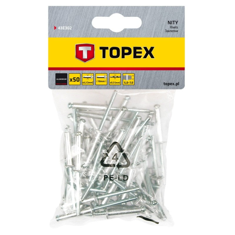 TOPEX Aluminium rivets 3.2 x 10 mm, 50 pcs — 43E302