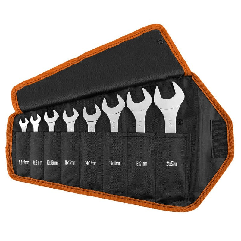 NEO TOOLS Flat double sided wrenches, extra thin, set 8 pcs , 5.5 - 27 mm, in rolling pouch — 09-860
