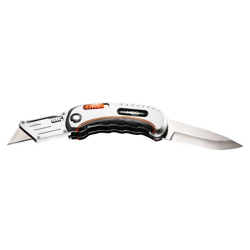 NEO TOOLS Multi-purpose knife, trapezium blade + knife, nylon pouch, 5 blades added — 63-710