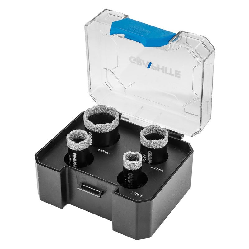 GRAPHITE Diamond hole cutters (18, 22, 27, 35 mm), set 4 pcs — 55H318