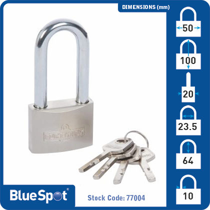 Blue Spot Tools 50mm Long Shackle Satin Finish Padlock