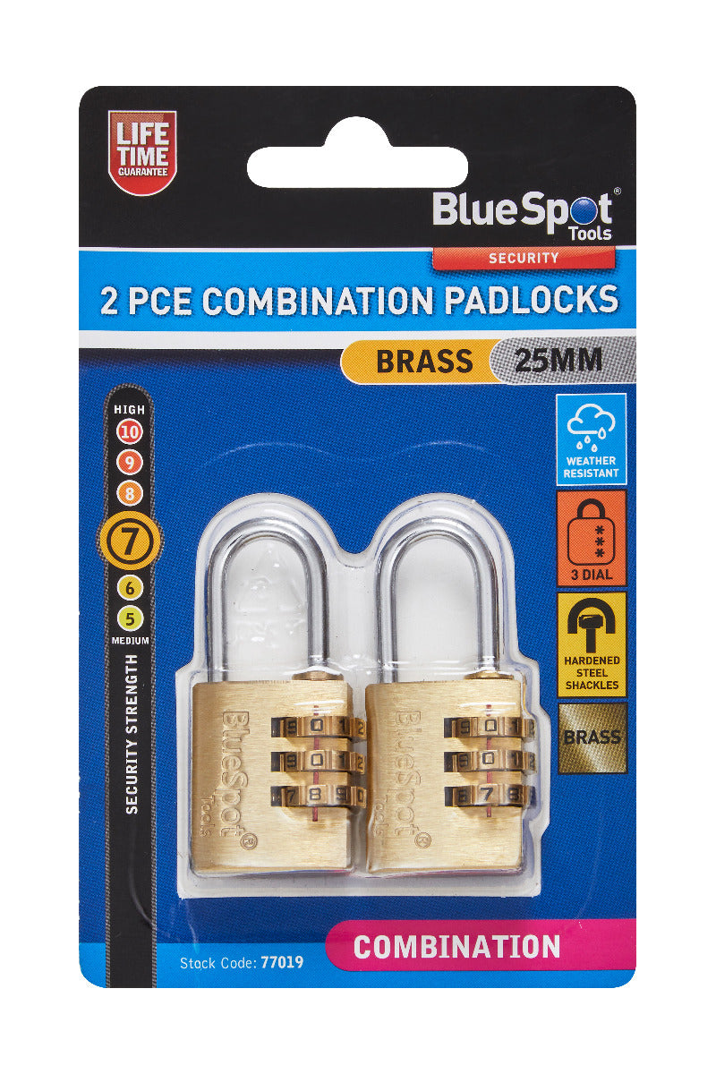 Blue Spot Tools 2 PCE 25MM Brass Combination Padlocks