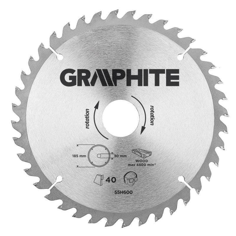 GRAPHITE Circular saw blade, solid carbide, 185 x 30 mm, 40 teeth — 55H600