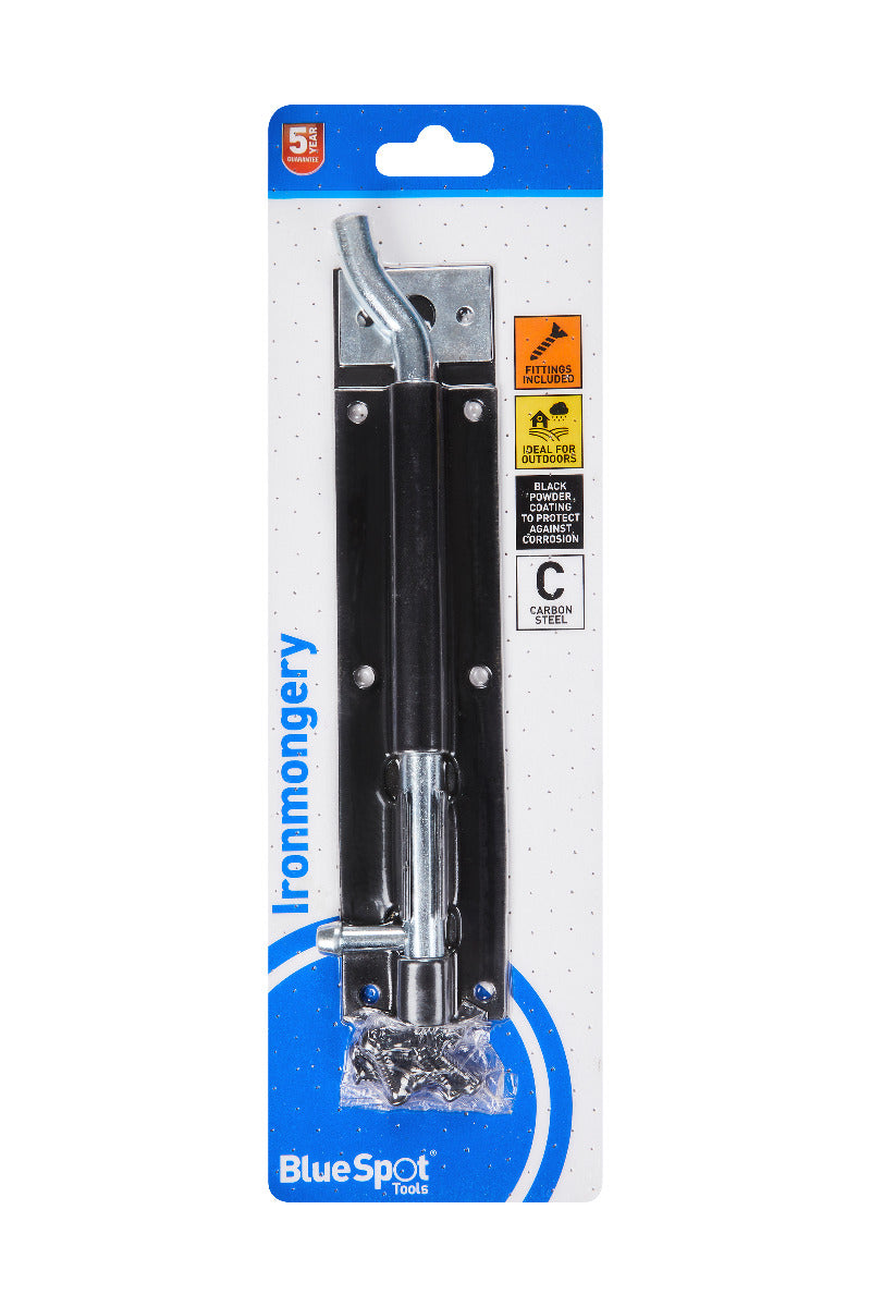Blue Spot Tools Ironmongery 200mm Black Powder Coated Necked Tower Bolt