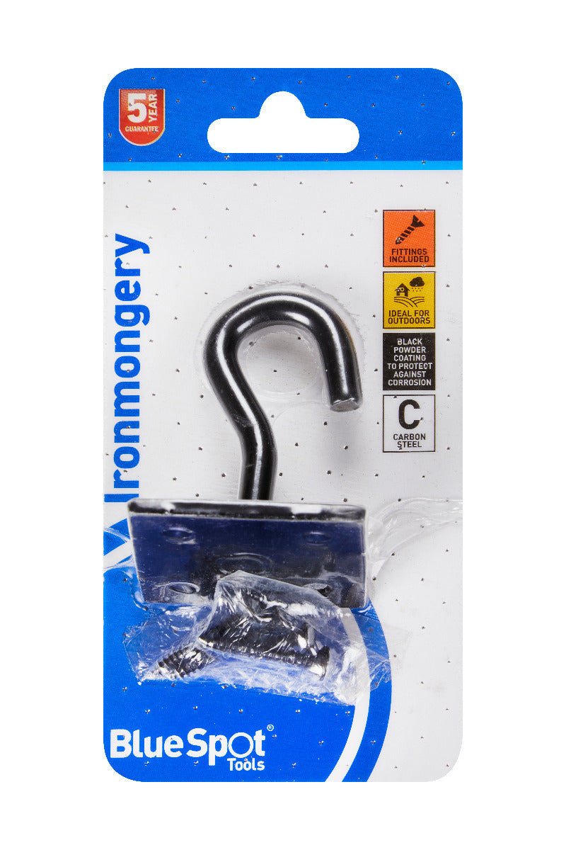 Blue Spot Tools Ironmongery 50mmx50mm Black Powder Coated Hook on Plate
