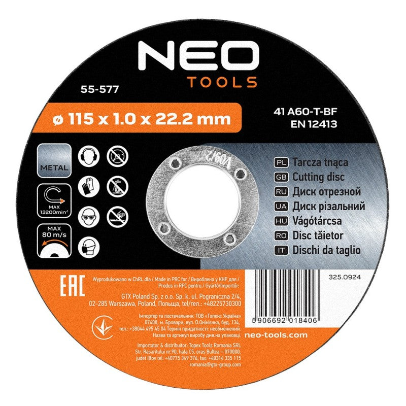NEO TOOLS Metal cutting discs 115 x 1.0 x 22.2 mm, 41 A60-T-BF, 10 pieces film — 55-577