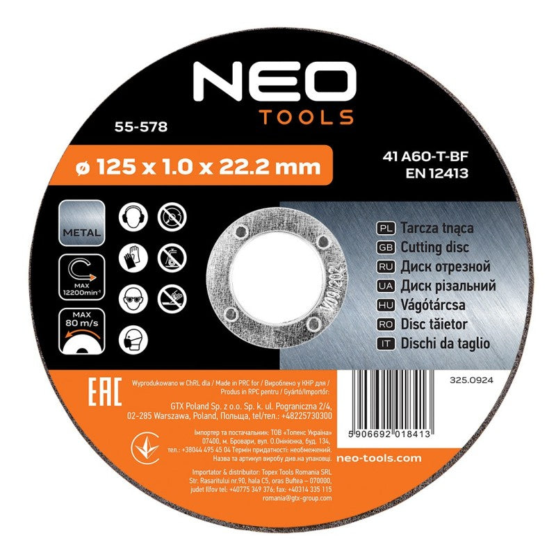 NEO TOOLS Metal cutting discs 125 x 1.0 x 22.2 mm, 41 A60-T-BF, 10 pieces film — 55-578