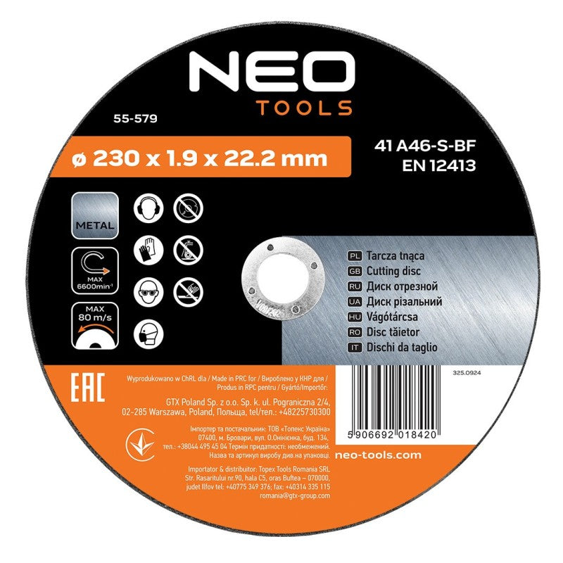 NEO TOOLS Metal cutting discs 230 x 1.9 x 22.2 mm, 41 A46-S-BF, 5 pieces film — 55-579