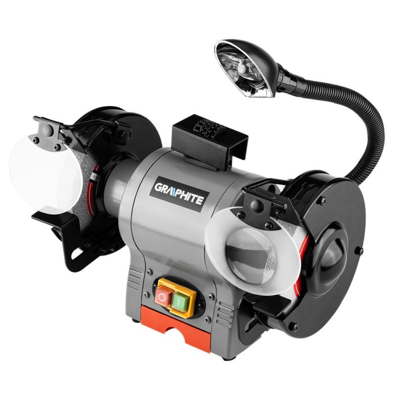 GRAPHITE Bench grinder 370W, 230V, blade 150mm, speed 3450 r.p.m. with light, tray and blade dress — 59G383