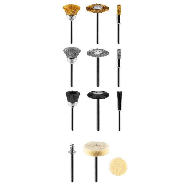 NEO TOOLS Accessories for mini grinder, wire brushes, felts, set of 15. — 55-078