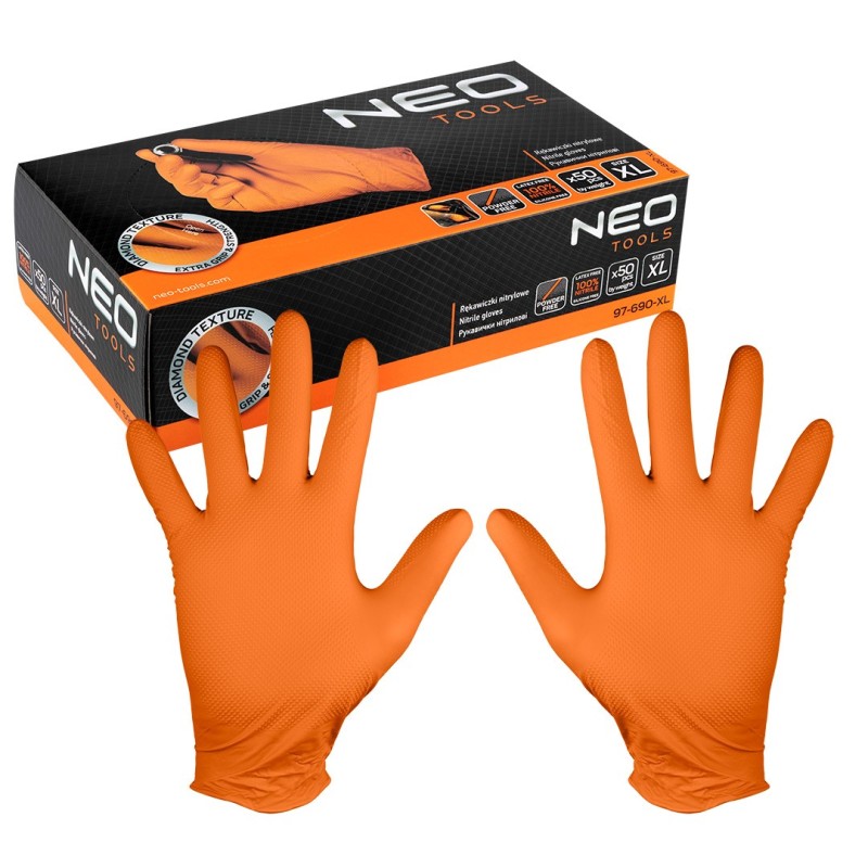 NEO TOOLS Perforated nitrile gloves, orange, 50 pcs, size XL — 97-690-XL
