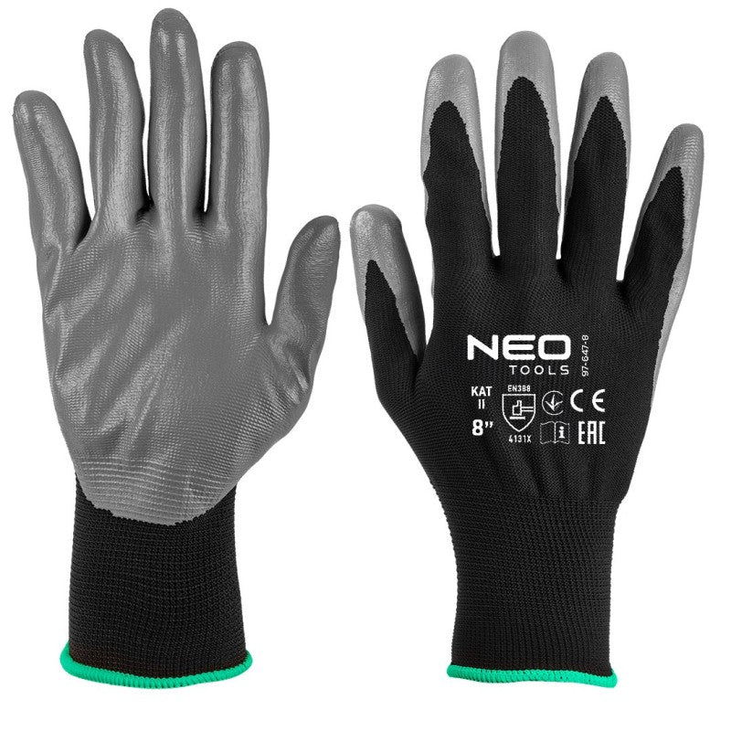 NEO TOOLS Work gloves, nitrile coated polyester, 4131X, size 7 (card) — 97-647K-8