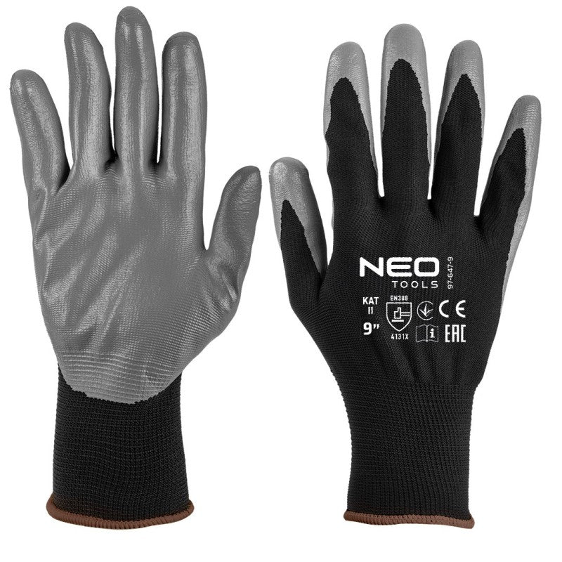 NEO TOOLS Work gloves, nitrile coated polyester, 4131X, size 7 (card) — 97-647K-9