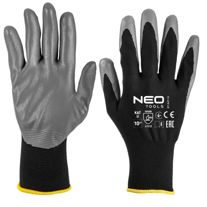 NEO TOOLS Work gloves, nitrile coated polyester, 4131X, size 10 — 97-647-10