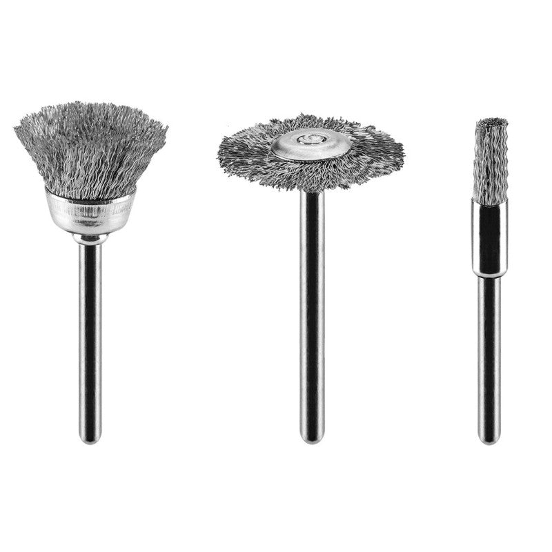 GRAPHITE Steel wire brush set: end brush, cup brush, wheel brush, set 3 pcs — 55H066