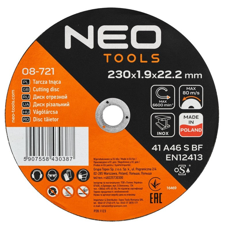 NEO TOOLS Metal/INOX cutting discs 230 x 1.9 x 22.2 mm, 41 A46-S-BF, 25 pcs. carton. Manufactured in PL — 08-721