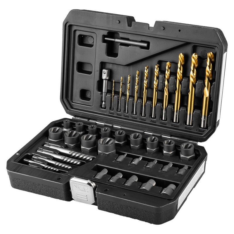 NEO TOOLS set for broken screws (with drill bits and screw extractor), 40 items — 11-923